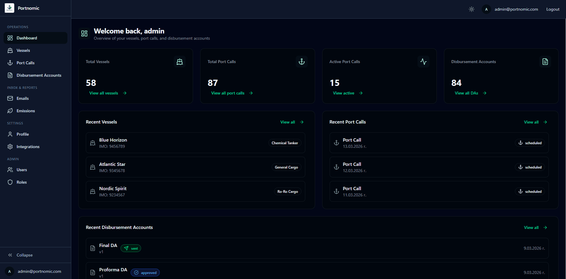 Portnomic dashboard — vessels, port calls, and disbursement accounts overview